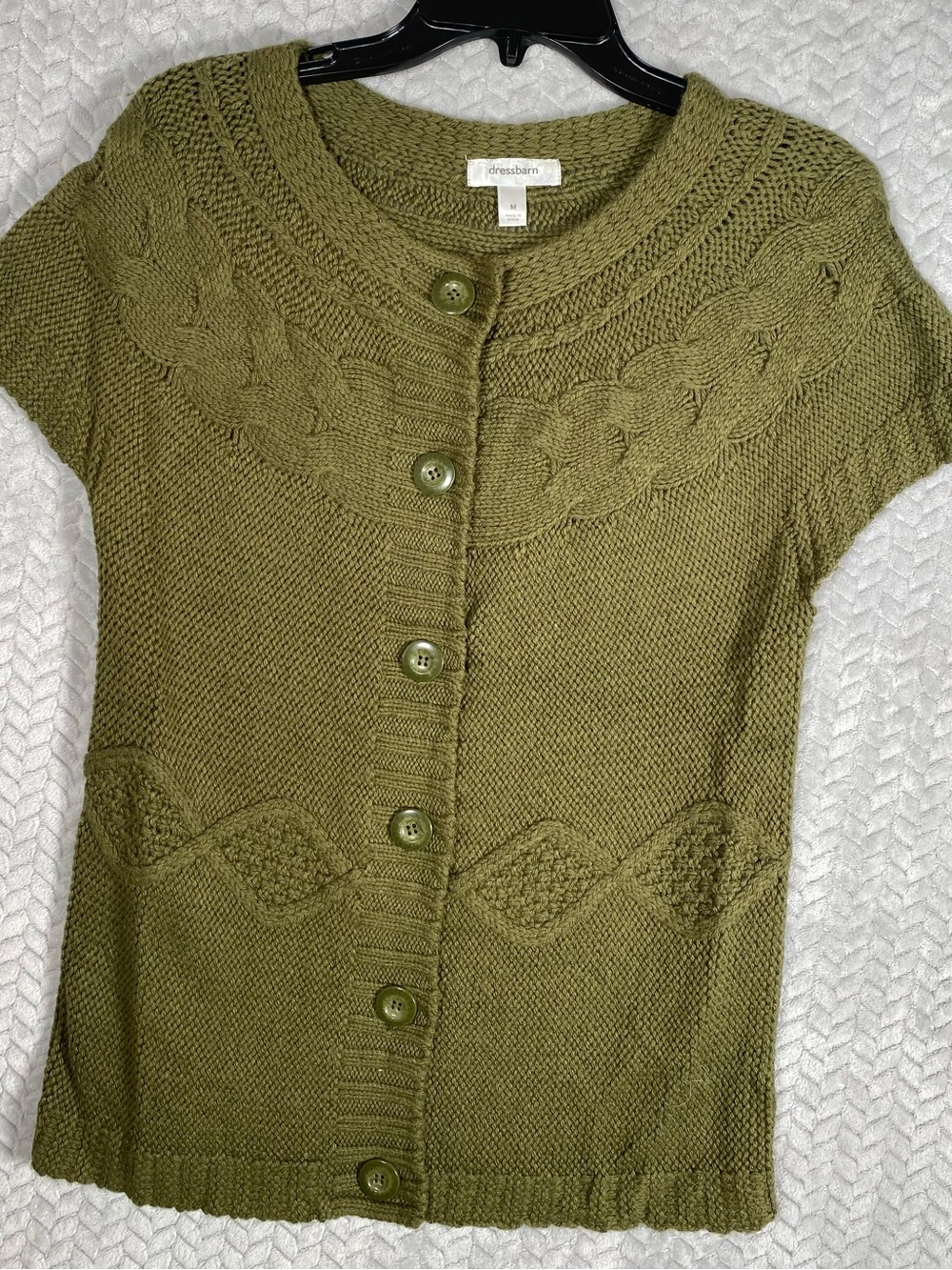 Dressbarn Olive Green Wool-Blend Cable Knit Cardigan Sweater Short Sleeve Size M